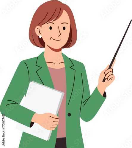 Illustration of teacher holding pointer and presentation editable vector