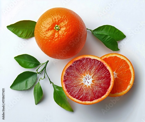 Freshly Cut Blood Orange and Whole Orange With Leaves on White Background