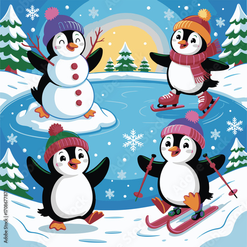 Winter Wonderland with Cute Penguins Playing