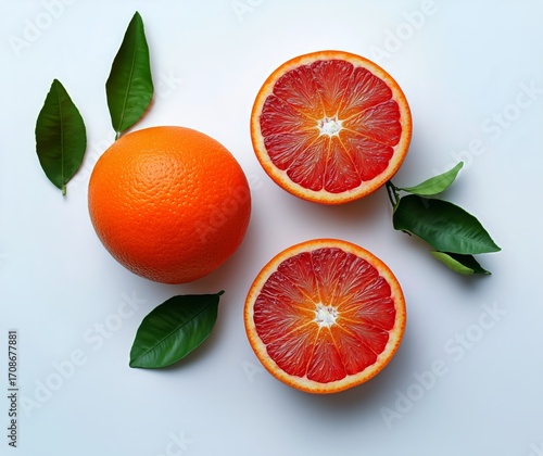 Vibrant Orange Fruit With Fresh Green Leaves, Showcasing a Detailed Cut Revea...