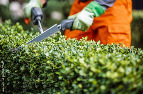 Gardener Trims Lush Green Hedge Using Handheld Garden Shears Under Bright Sun...