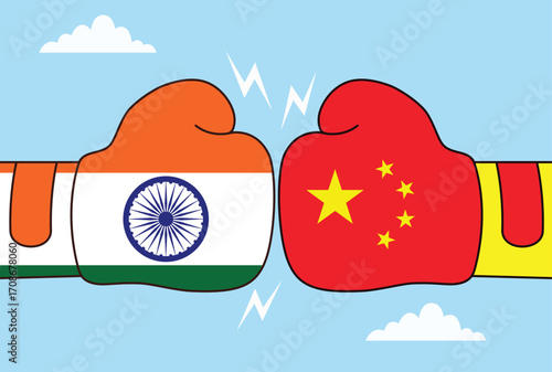 Vector illustration of two boxing gloves with Chinese and Indian flags clashing face to face, representing conflict, rivalry, or competition between the two nations
