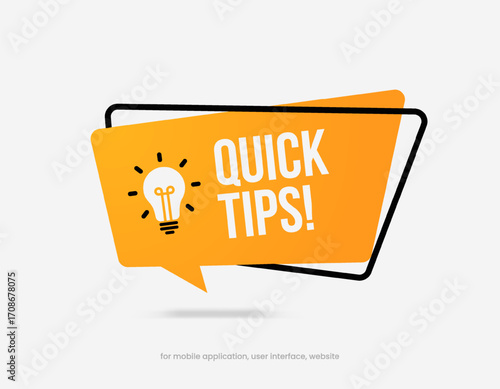 Quick tips or hint, tip symbol icon badge. Banner with frame and bulb isolated on white background
