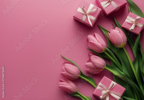 Pink Tulips and Gifts Arranged on a Bright Pink Background for a Festive Cele...
