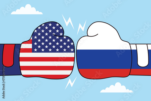 Vector illustration of two boxing gloves with American and Russian flags facing each other symbolizing rivalry and geopolitical tension