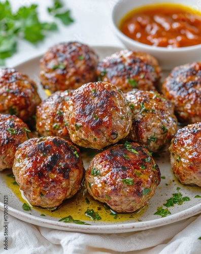 Juicy Meatballs Garnished With Fresh Herbs Served With Tangy Sauce on a White...