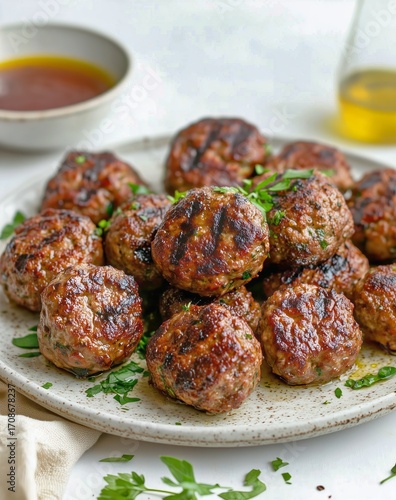 Juicy Meatballs Garnished With Fresh Herbs Served With Tangy Sauce on a White...