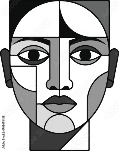 Modern abstract illustration of cubist style male face built of geometric elements and bold shapes