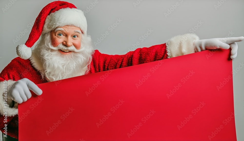 Naklejka premium Santa Claus Smiles and Points at a Large Red Sign in a Festive Setting During the Holiday Season