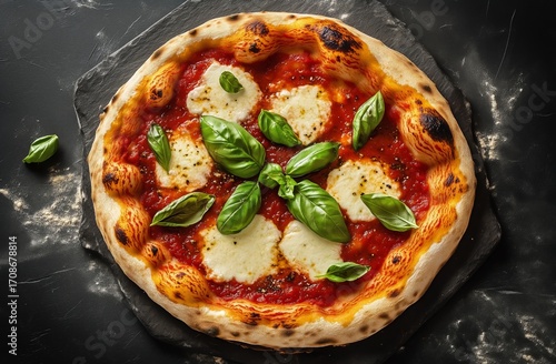 Homemade Pizza With Mozzarella and Fresh Basil on a Dark Slate Board