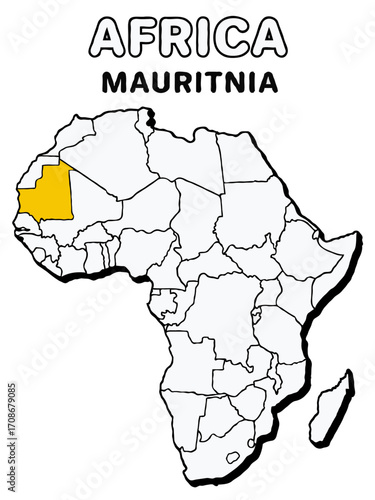 mauritnia  country in yellow highlighted map on africa continent map detailed vector illustration