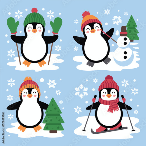 Cute Winter Penguins Playing and Skiing
