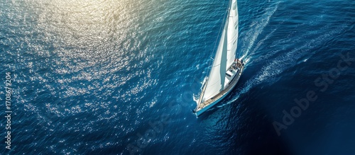 Sailboat Gliding Smoothly Across Bright Blue Ocean Under Warm Sunlight