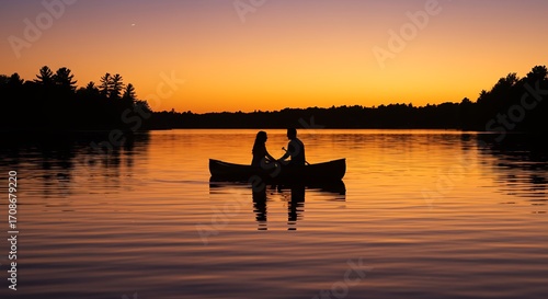 Fototapeta Naklejka Na Ścianę i Meble -  Couple in canoe at sunset