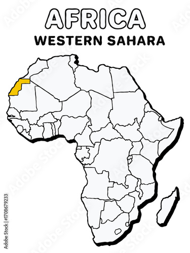Western sahara country in yellow highlighted map on africa continent map detailed vector illustration