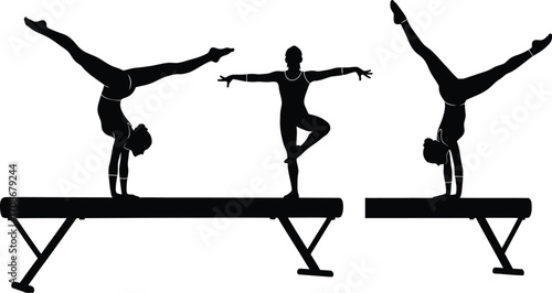 Gymnastics balance beam silhouette training exercise editable vector