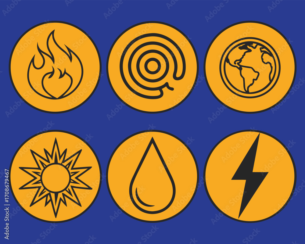 Obraz premium Renewable Energy Sources Icons Set: Fire, Wave, Earth, Sun, Water, Lightning