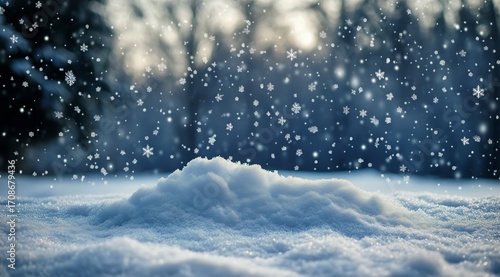 Snow Falls Gently on a Snowy Landscape in a Quiet Forest During Winter.