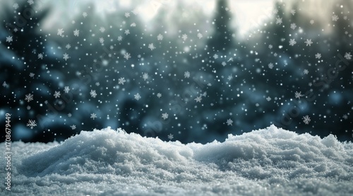 Snowflakes Fall Gently Over a Winter Scene With Soft White Snow and Pine Tree...