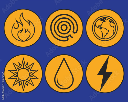 Renewable Energy Sources Icons Set: Fire, Wave, Earth, Sun, Water, Lightning