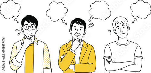 Thinking men with thought bubbles illustration concept editable vector
