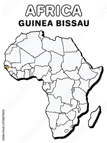 Guinea bissau country in yellow highlighted map on africa continent map detailed vector illustration