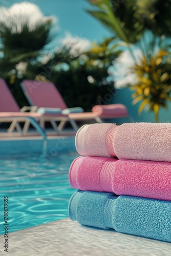 Relaxing Afternoon by the Pool With Colorful Towels and Lounge Chairs in Sunn...