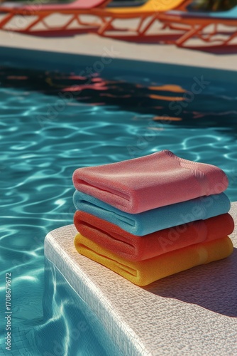 Relaxing Afternoon by the Pool With Colorful Towels and Lounge Chairs in Sunn...