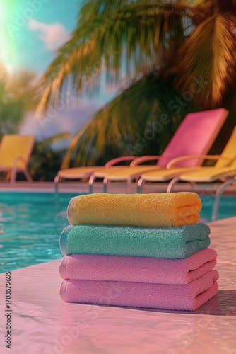 Vibrant Towels Stacked by the Poolside With Tropical Backdrop Under Sunny Skies