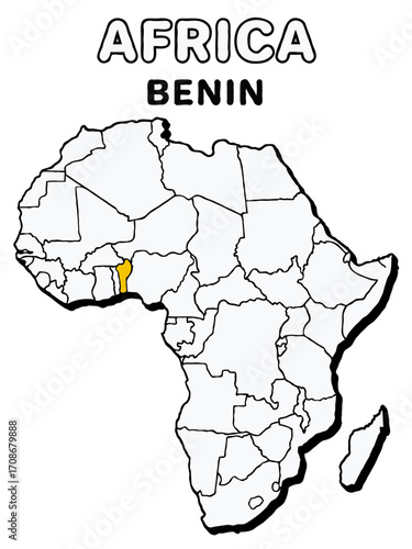 Benin country in yellow highlighted map on africa continent map detailed vector illustration