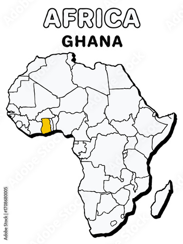 Ghana country in yellow highlighted map on africa continent map detailed vector illustration