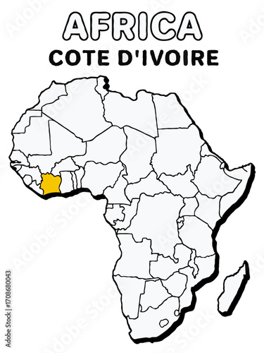 cote  d'ivoire country in yellow highlighted map on africa continent map detailed vector illustration