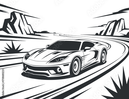 Dynamic Sports Car Vector Illustration on Winding Road with Mountain Backdrop for Automotive Enthusiasts Design