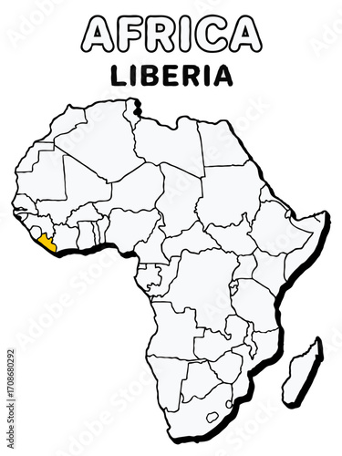 LIberia country in yellow highlighted map on africa continent map detailed vector illustration	