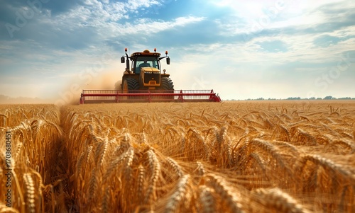 Wheat Harvesting With a Tractor Under Bright Blue Sky on a Sunny Day in the Countryside.