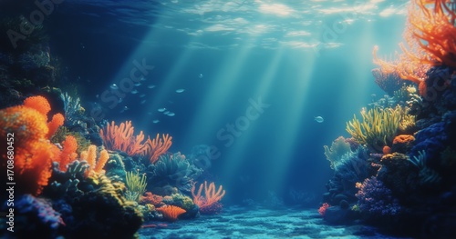 Vibrant Coral Reef Bustling With Colorful Fish Under Clear Ocean Water During...