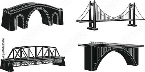 Types of bridges drawing illustration architecture design editable vector