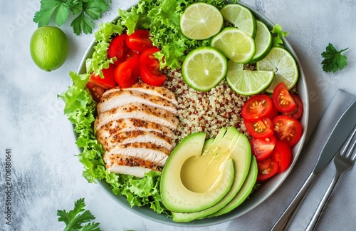 Colorful Healthy Salad With Quinoa, Chicken, Avocado, and Fresh Vegetables Se...