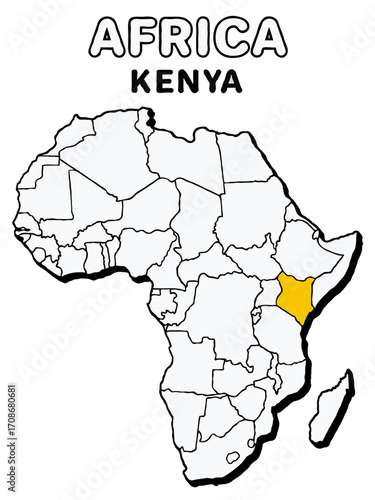 Kenya country in yellow highlighted map on africa continent map detailed vector illustration	