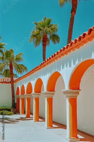 Palms and Arches Create a Tranquil Scene in a Sunny Courtyard in Southern Cal...