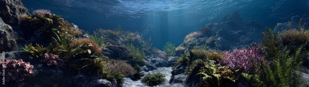 Fototapeta premium Underwater coral reef ecosystem panoramic hdri exploration vibrant marine life ocean depths serene environment
