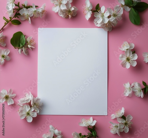 Blank Paper Surrounded by Delicate White Flowers on a Soft Pink Background