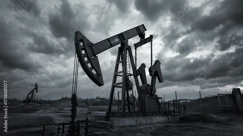 Oil Pump Jacks Under a Dramatic Sky: Industrial Landscape, Energy Production, Fossil Fuels, and Environmental Concerns