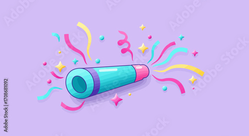 Illustration of a party popper with colorful confetti on a purple background.
