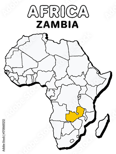 zambia country in yellow highlighted map on africa continent map detailed vector illustration	