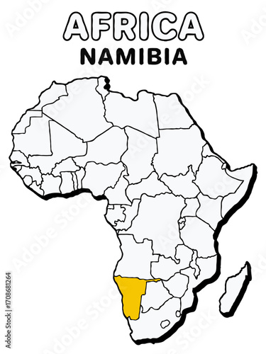 namibia country in yellow highlighted map on africa continent map detailed vector illustration	