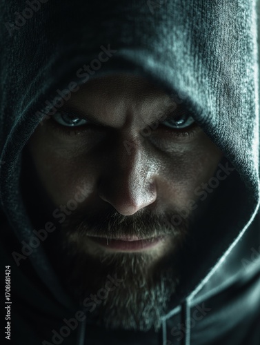 A dramatic portrait of an intense action hero, exuding a sense of mystery and danger.