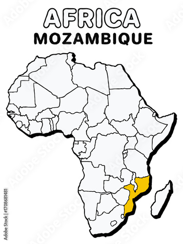 Mozambique country in yellow highlighted map on africa continent map detailed vector illustration	