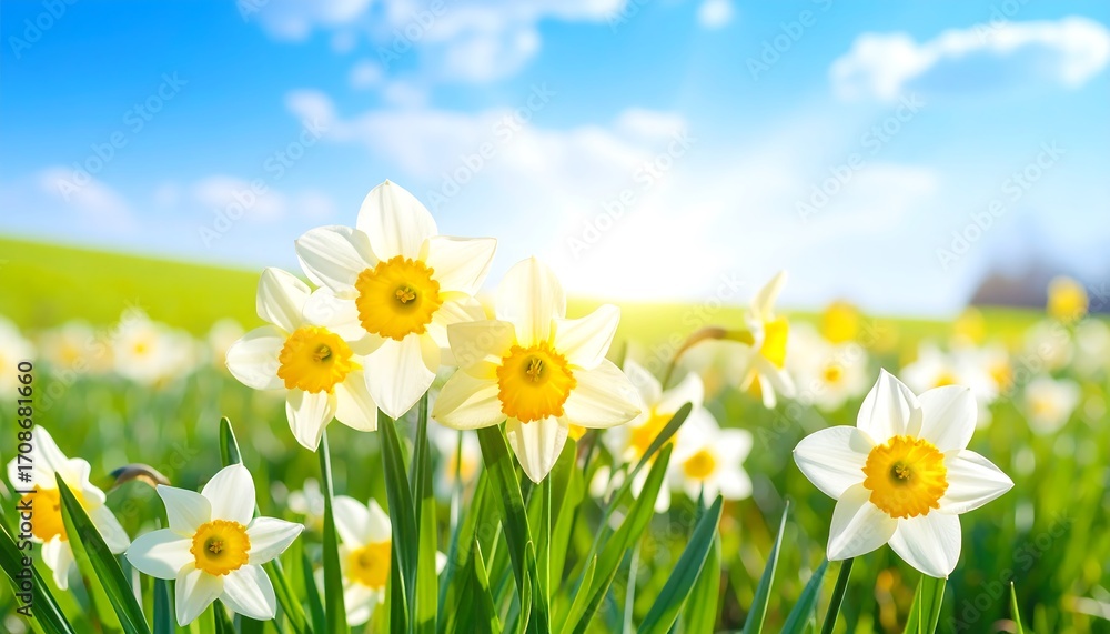 Fototapeta premium Daffodils bloom under bright sun in a field of green, blue skies above