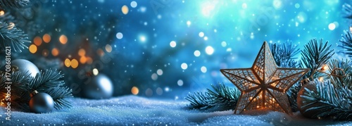 Winter Festive Scene With Sparkling Star and Ornaments on Snow-Covered Ground
